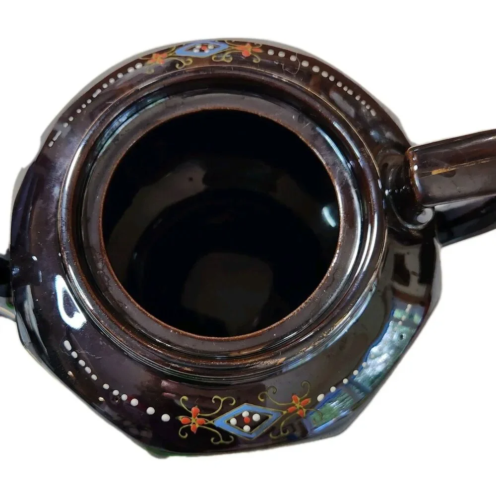 Vintage Japanese Teapot Brown Glazed Gold Trim Hand Painted 8 Sided Ceramic